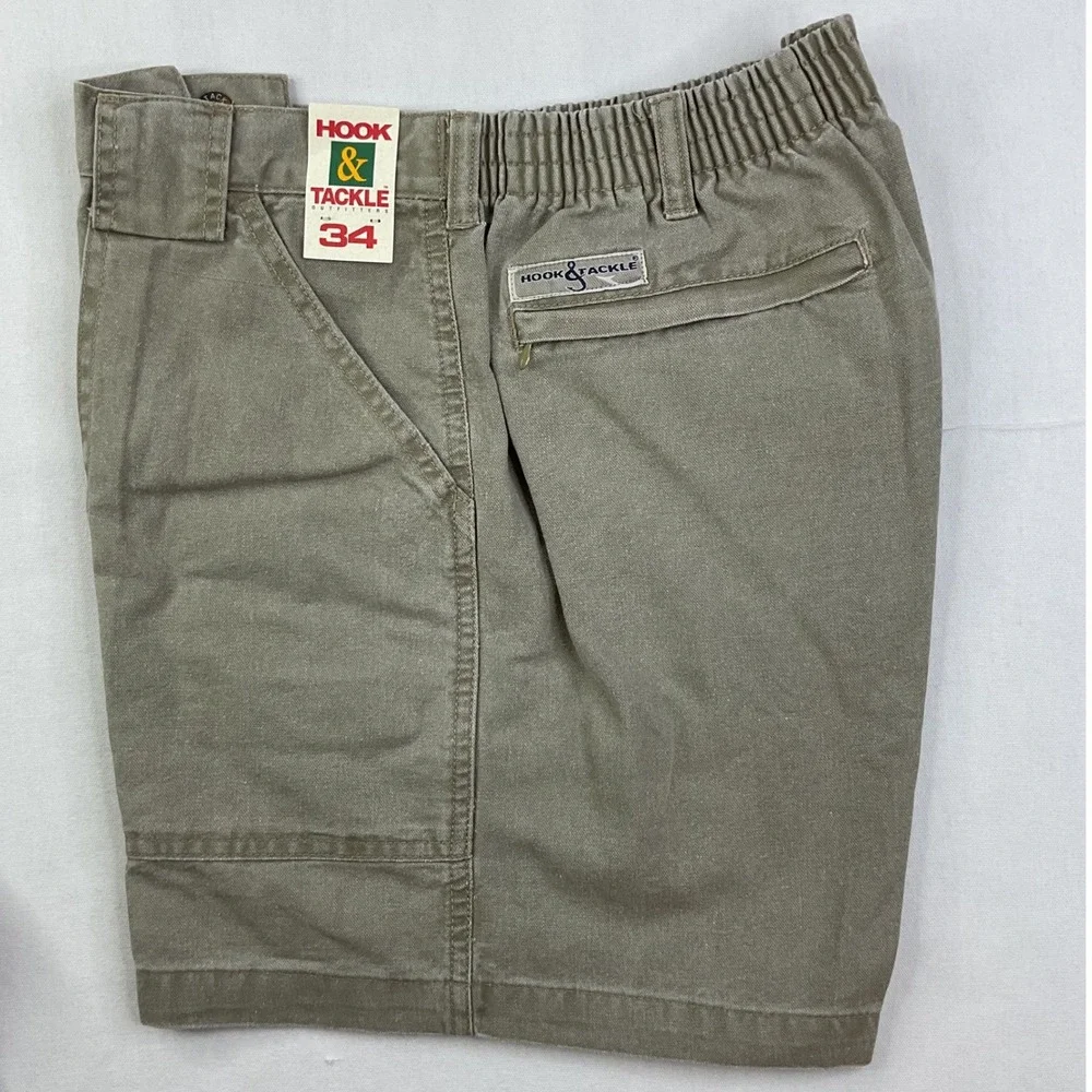 VTG Hook & Tackle Cargo Shorts Men Sz 34 Fishing island Khaki Canvas M019800 NWT